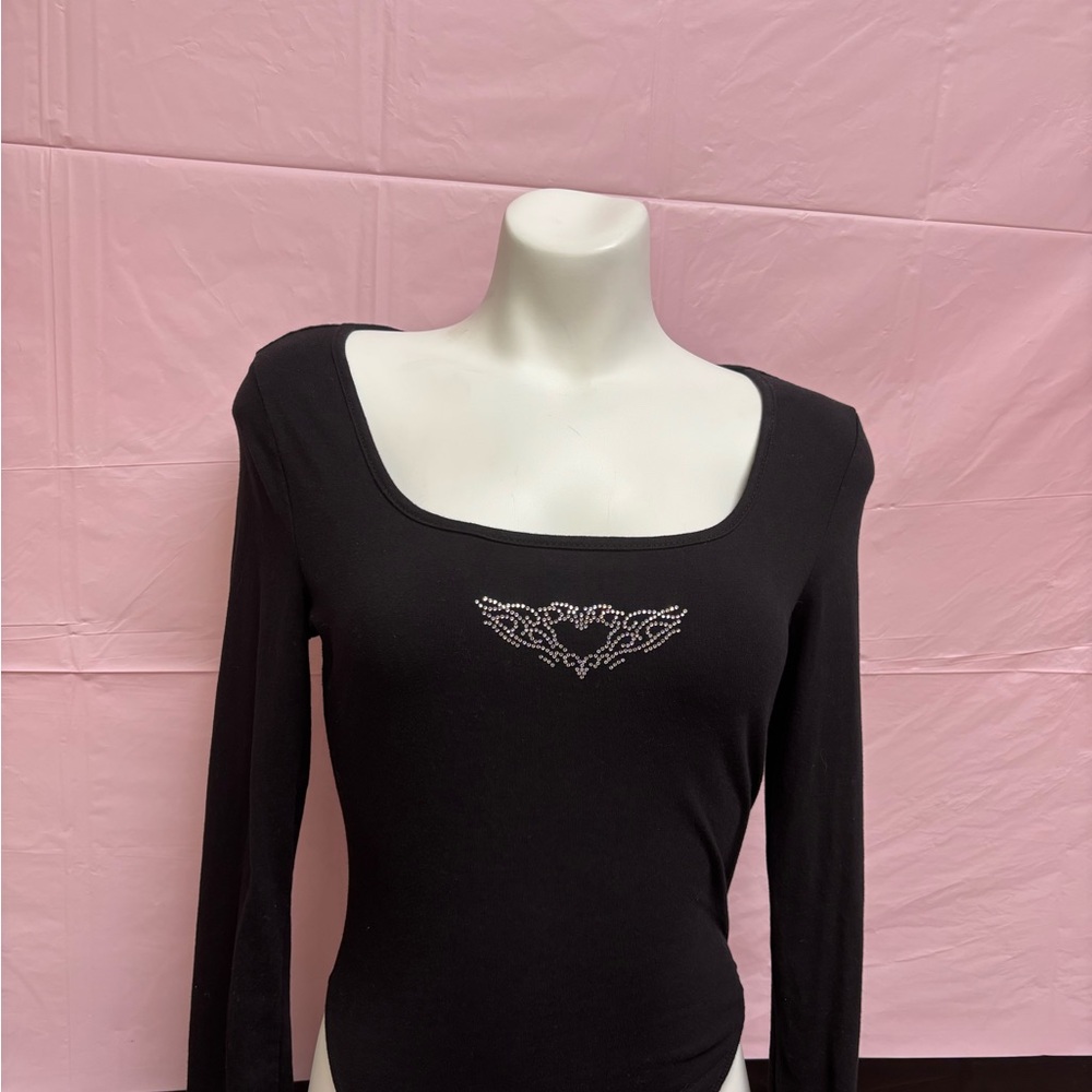 Unk Black Long Sleeve Bodysuit with Embellished Detail
